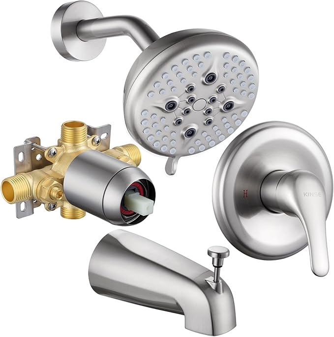 KINSE Tub Shower Faucet Set, 5-Inch Rain Shower Head and Tub Spout Single-Handle with valve kit included, and shower trim kit, Brushed Nickel shower head set