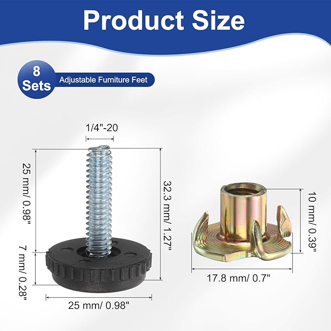 uxcell 1/4"-20 Thread Furniture Feet Levelers, 16Set 25mm L Adjustable Furniture Feet Screw in Threaded Leveling Leg Screw on Chair Foot Glides Leveling for Table Chair Cabinet Black