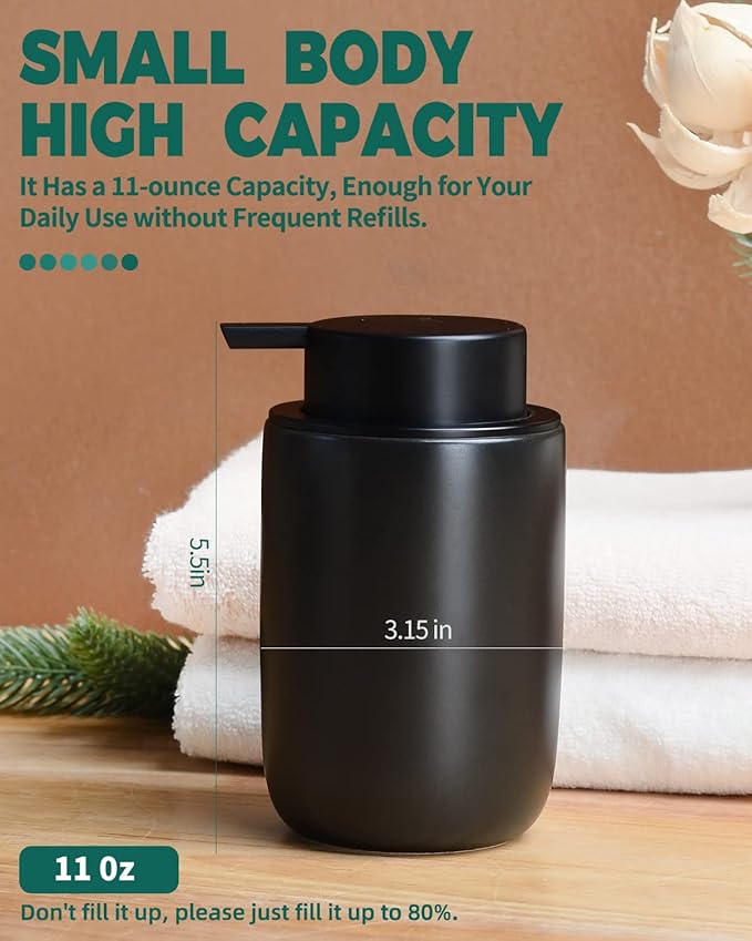 BosilunLife Lotion Pump Dispenser - Matte Black Soap Dispenser Bathroom Ceramic Dish Liquid Soap Dispenser for Kitchen, Bathroom Countertop Soap Dispensers