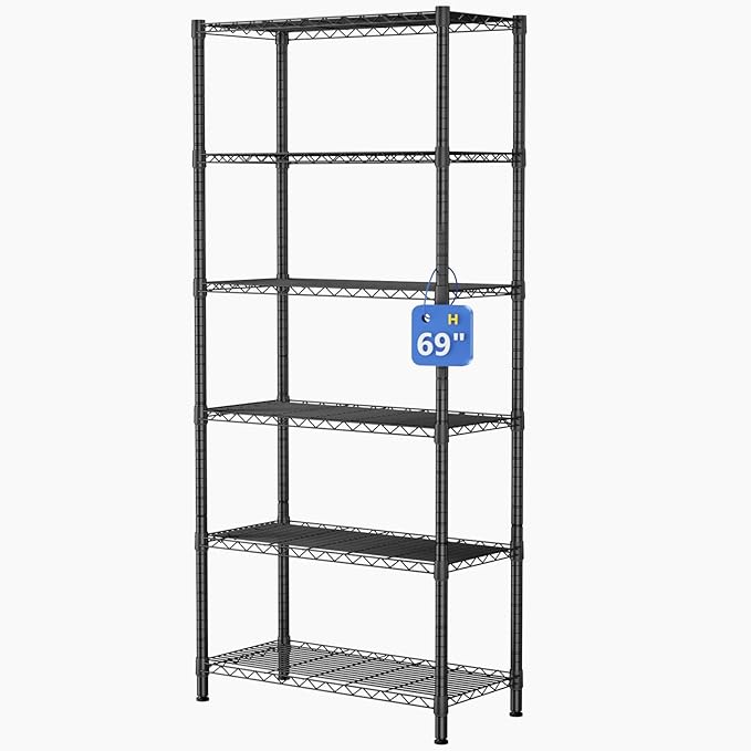6 Tier Adjustable Storage Shelves,Heavy Duty Metal Utility Shelf 900LBS Capacity,Wire Shelving Unit Organizer Rack for Home,Kitchen,Office,Bathroom,Pantry Room,12" D x 22" W x 69" H,Black