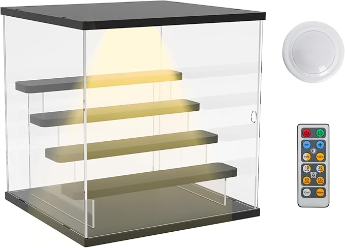 Choowin 5 Tier Clear Acrylic Lighted Display Case for Collectibles, Mini Figures, Pop Mart, Labubu, Sonny Angel, Smiski - Assemble Dustproof Display Box with Door, Stand (Black Top Base, Clear Step)