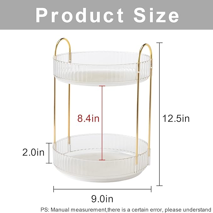 360° Rotating Makeup Organizer, Bathroom Make Up Spinning Holder Rack, Large Capacity Cosmetics Storage Vanity Shelf Countertop, Fits Cosmetics, Perfume, Skincare(2 Tiers, Clear)