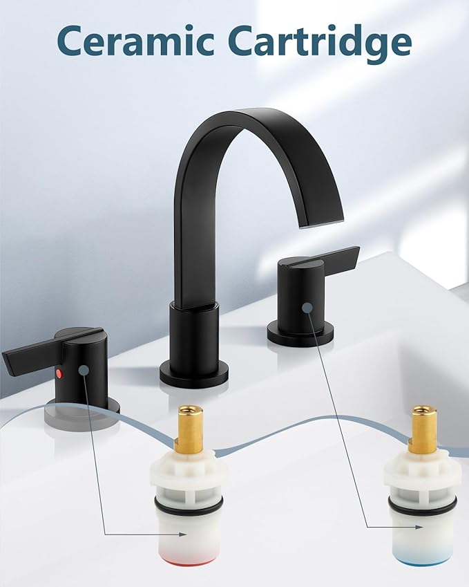 Aolemi Bathroom Faucets 3 Hole,8 Inch Widespread Waterfall Bathroom Sink Faucet,2 Handles Vanity Faucet with Pop-up Drain and Supply Hose,Matte Black