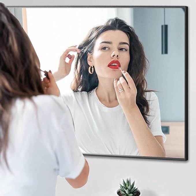 28x28 Inch Black Bathroom Mirror, Copper-Free Aluminum Alloy Frame Vanity Mirror, Rectangle Wall Mounted Modern Mirror for Bedroom/Living Room/Porch Horizontal or Vertical
