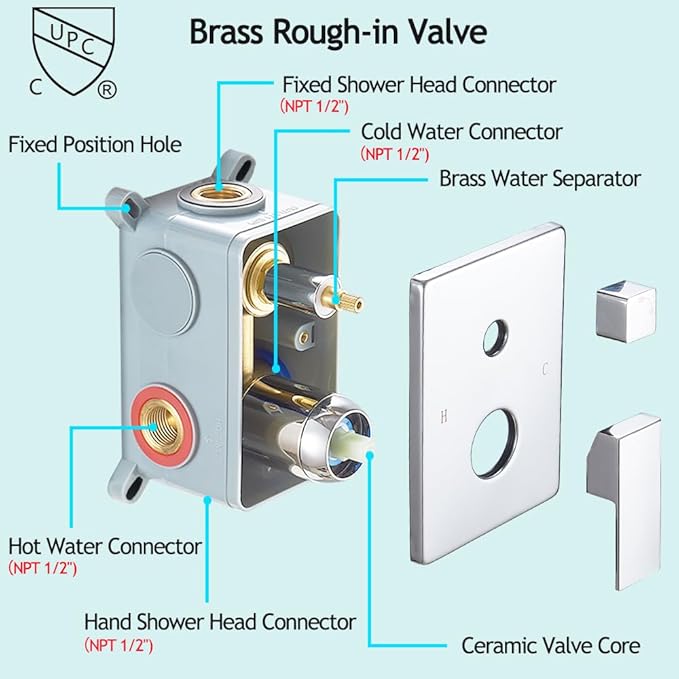 Shower Faucet Set Complete, Wall Mount Shower System for Bathroom 12 Inch High-Pressure Rainfall Shower with Handheld, Rough-in Valve Body and Trim Kit, Polished Chrome