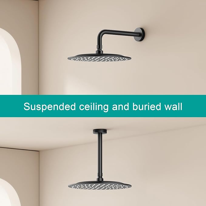 All Metal Rain Shower Head - Heavy Duty Stainless Steel, Easy Install, High Water Flow, Ultra-Thin Modern Design for Bathroom (D-Matte Black, 10)（BNW0088）