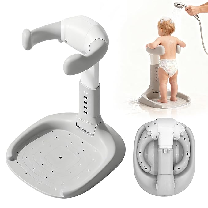 Foldable Baby Shower Standing Support for Toddlers & Infants 8-36 Months, No Setup Anti-Slip Bath Stand Holder, Adjustable Height, Portable Travel & Storage, Easy Clean - 4our Kiddies(Grey)
