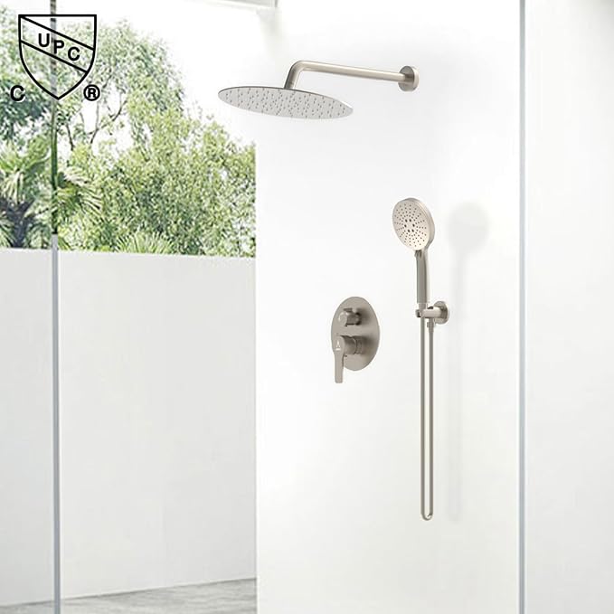 Shower Faucet Set 12IN Brass Rough-In Valve Body Trim Kit Rainfall Included Handle Accessories Complete 2 Functions with Rain Head and Handheld Bathroom Systems (12'', Brushed Nickel)