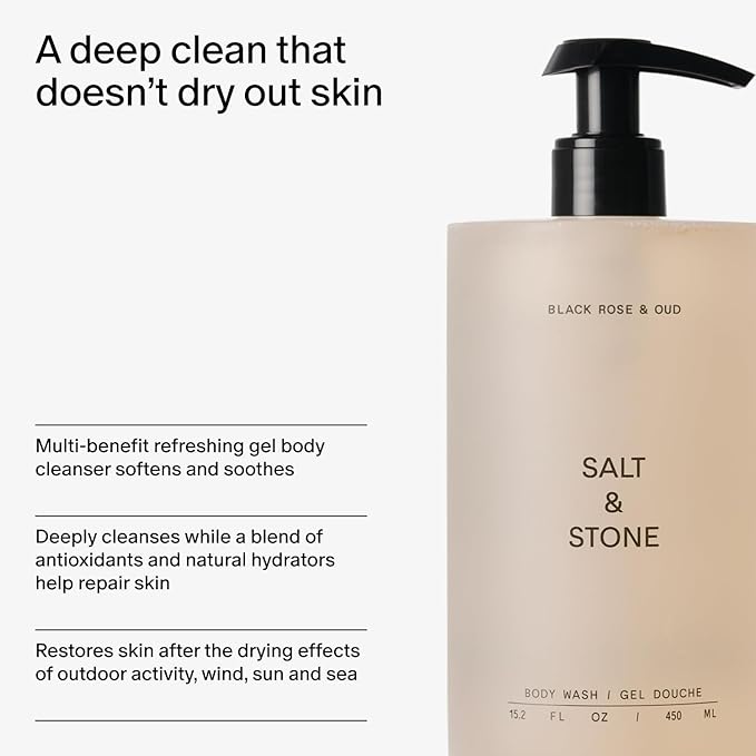 Salt & Stone Body Wash for Women & Men | Black Rose & Oud | Hydrating Gel Cleanser | Clean & Soften Skin | Made with Niacinamide & Hyaluronic Acid | Free From Parabens Sulfates & Phthalates 15.2 fl oz