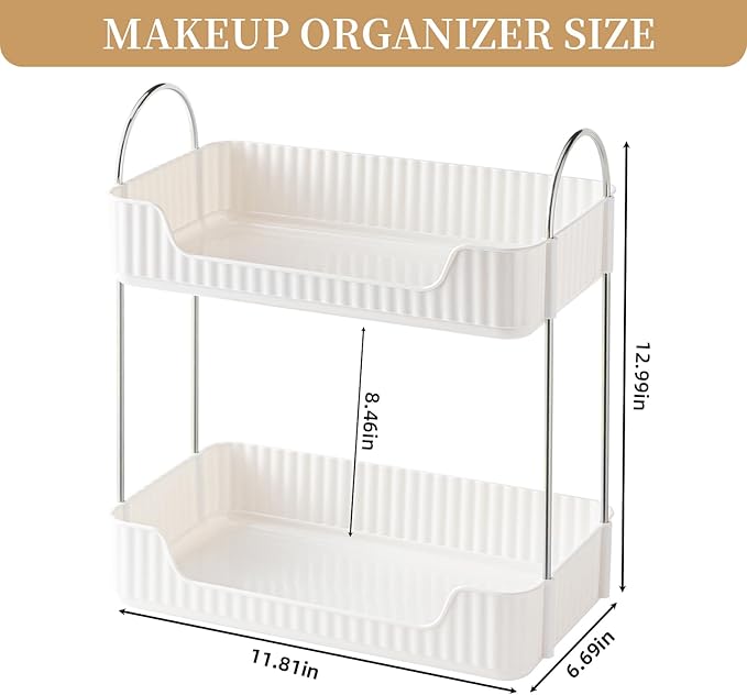 Bathroom Counter Organizer Countertop Storage, Cosmetics Skincare Shelf Organizer, Makeup Organizer Perfume for Dresser Vanity Tray, Spice Rack Organizer for Kitchen(2 Tier-Cream white)