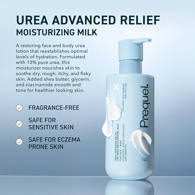 Prequel Skin Urea Advanced Relief Moisturizing Milk, 10% Urea Lotion for Face and Body, Unscented, Hydrating Cream for Extremely Dry Skin, Soothing for Sensitive Skin - 6.75 fluid ounce (Pack of 2)