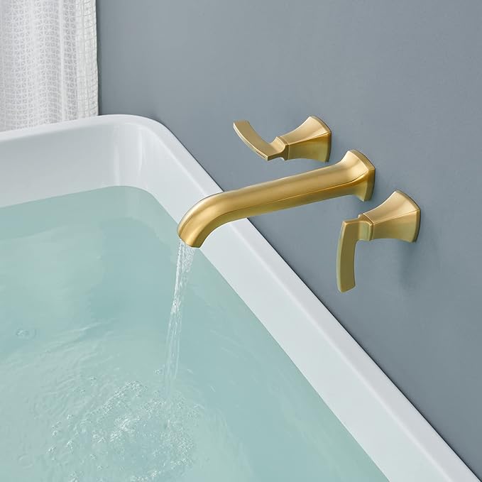 Wall Mount Tub Faucet High Flow Roman Tub Filler Long Spout Reach Brushed Gold Bathtub Faucets with 2 Handles
