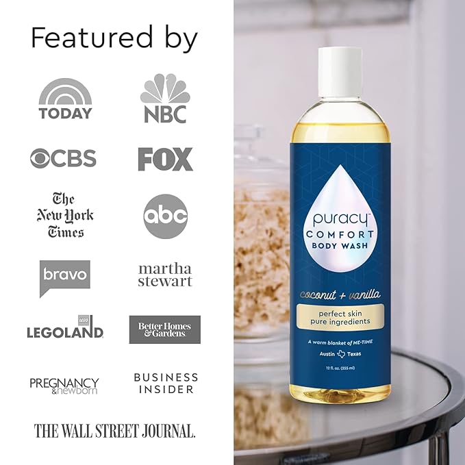 Puracy Body Wash, Natural Body Wash, 98.6% Pure Plant Ingredients, Moisturizing Shower Gel for Women Men Kids, Body Soap for Dry Sensitive Skin. Gently Scented with Coconut & Vanilla 12 Oz (2-Pack)