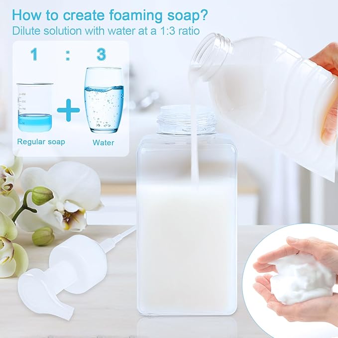 Foaming Soap Dispenser 15oz/450ml Clear Empty Foam Soap Dispensers, Square Refillable Plastic Foaming Hand Soap Dispenser Soap Pump for Liquid Soap, Shampoo, Body Wash(4 Pack)
