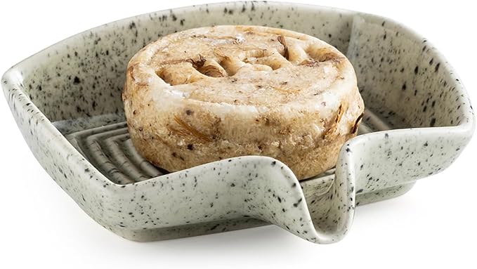 Self Draining Soap Dish, Ceramic Drain Soap Holder Waterfall Design Soap Saver for Shower, Bathroom, Sink, Kitchen and Countertop, Keeps Dry, Speckled Glaze