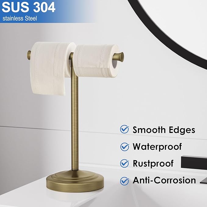 RUMOSE 13 Inch Antique Brass Towel Bar Stand Hand Holder Bathroom Kitchen Vanity Countertop T-Shape Towel Rack Free Standing Stainless Steel