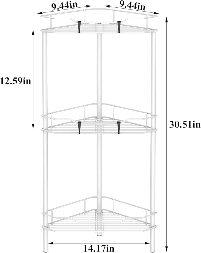 3 Tier Floor Standing Corner Shower Caddy Organizer Shelf with Hooks, Bathroom Shelves Stand Rack, White