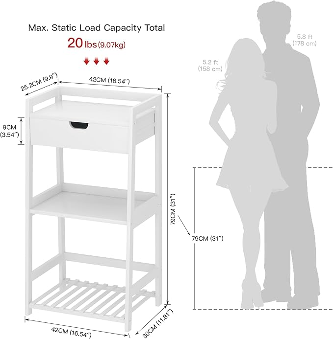 3 Tier Bamboo Bathroom Shelves with Drawer, Ladder Shelf for Bathroom Storage, Space-Saving Design, Stylish Display Nightstand, Stylish Storage Solution for Home, Living Room, Kitchen, Office