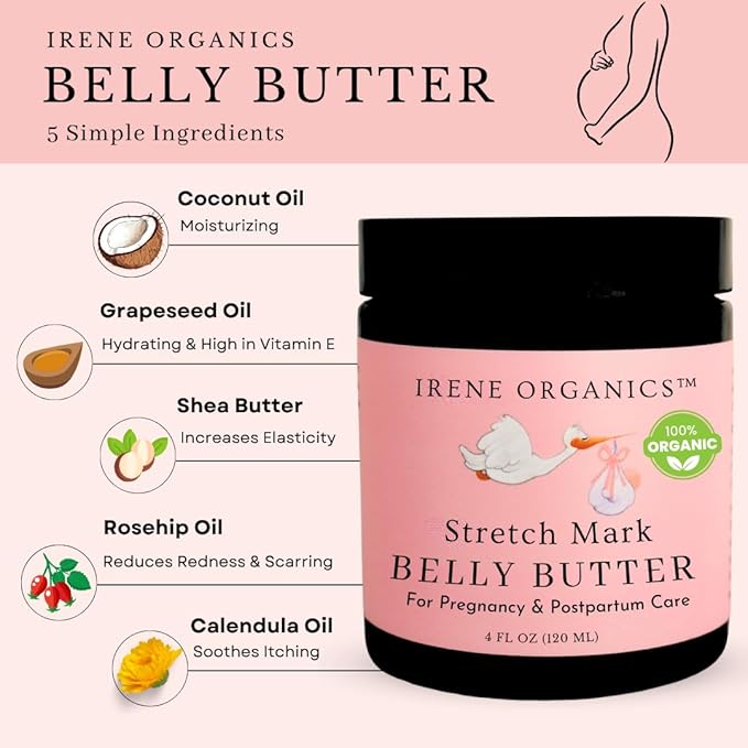 Irene Organics Organic Belly Butter for Pregnancy Stretch Mark Prevention and Treatment Award Winning Anti Stretch Mark Tummy Balm For Pregnancy and Postpartum 8oz - Hydrating Bump Cream