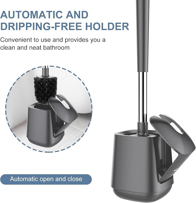 SetSail Toilet Brush and Holder 2 Pack, Self Closing Lid Toilet Bowl Brushes Holder and Extra Long Handle Ventilated Toilet Brush Set for Bathroom Cleaning, Nylon Bristles, Grey