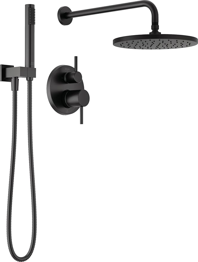 Delta Modern 14 Series Round Rain Shower System Faucet Set, Rainfall Matte Black Shower Head and Handle Set, Valve Trim Kit, 10 Inch, Matte Black 342702-BL
