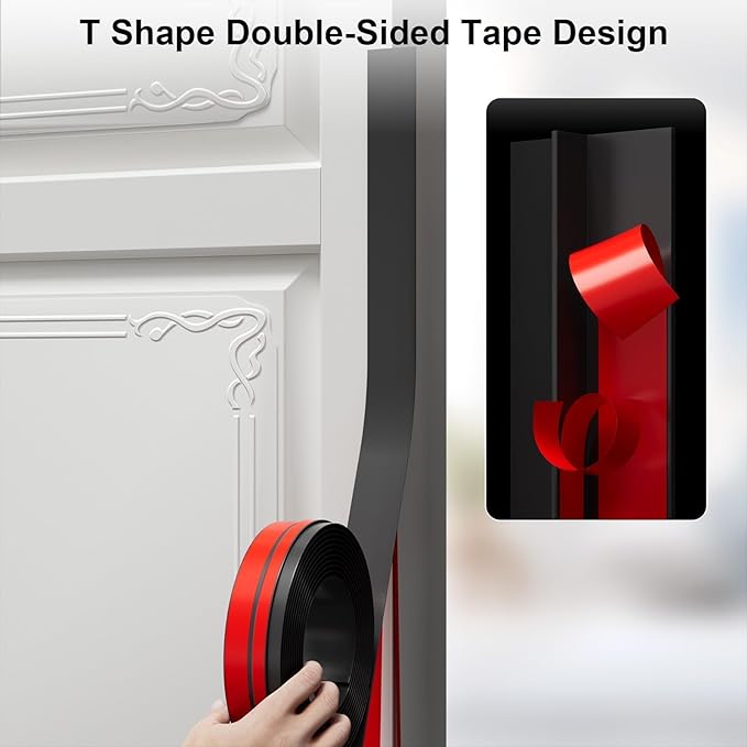 T-Shaped Door Draft Stopper, 1.97 in x 10 Ft Silicone Seal Strip for Windows Gaps, Weather Stripping Seal Strip Shower Sweep, Black