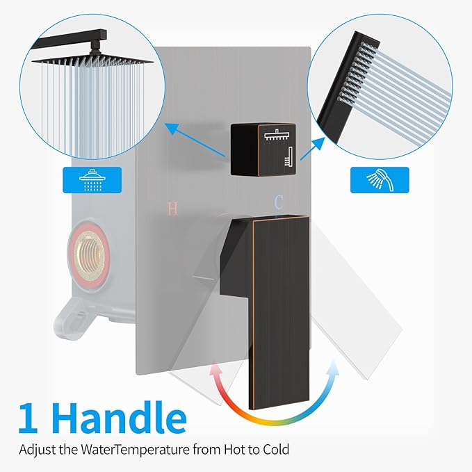 EMBATHER Oil Rubbed Bronze Shower System-12 Inches Shower Faucet Set with Square Rain Shower Head and Handheld High Pressure Shower Combo Set for Bathroom Wall Mounted (Contain Rough-in Valve & Trim)