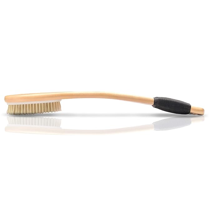 OWIIZI Bath Brush Wooden Curved Long Handle Antiskid Shower Brush for Exfoliating, Natural Bristle Scrubber for Back Use Wet or Dry