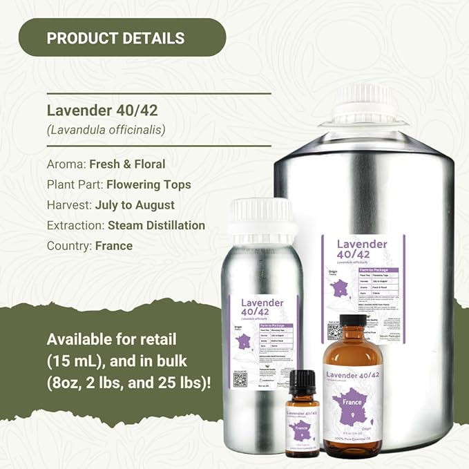 Lavender 40/42 Essential Oil Direct from France - Essential Oil for Candle Making and Soaps - Pure Lavender 40/42 Oil for Aromatherapy, Skincare, Haircare, Perfumes (8oz)