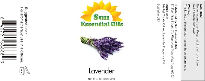 Sun Essential Oil - Lavender Essential Oil 8 oz (236 ml) with Dropper for Diffuser, Humidifier, Skin, Aromatherapy Massage, Scented for Soap & Candle Making at Home, Calming Aroma for Sleep