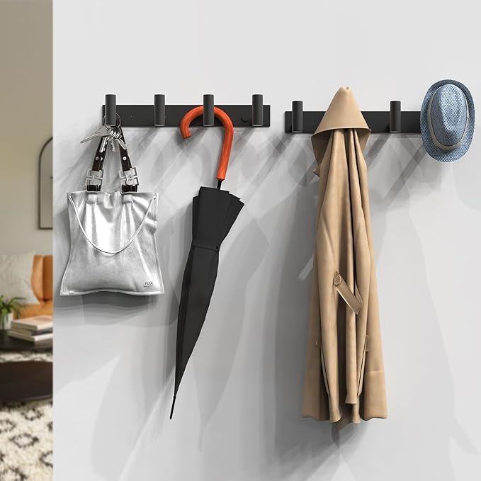 VAEHOLD 2PACK Hat and Coat Wall Mount Rack - 4 Hooks for Robes, Bags, Keys, and Towels - Bathroom Towel Hanger Organizer -Black