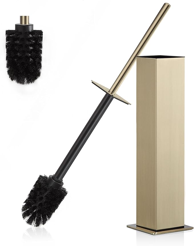 BVL Toilet Brush and Holder Set Brushed Gold Stainless Steel 304 Square Freestanding Toilet Brush for Bathroom