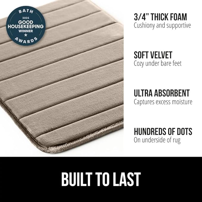 GORILLA GRIP Memory Foam Bath Mat, Soft Absorbent US Designed Bathroom Rug, Gripping Dots Machine Washable Bathmat, Cushioned Floor Mats, Shower Sink Rugs Room Décor Accessories, 30x20 Taupe