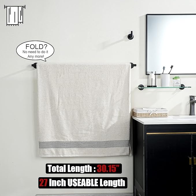 JQK Black Bath Towel Bar, 30 Inch 304 Stainless Steel Thicken 0.8mm Towel Rack Bathroom, Towel Holder Matte Black Wall Mount, Useable Length 27 Inch, TB110L27-PB