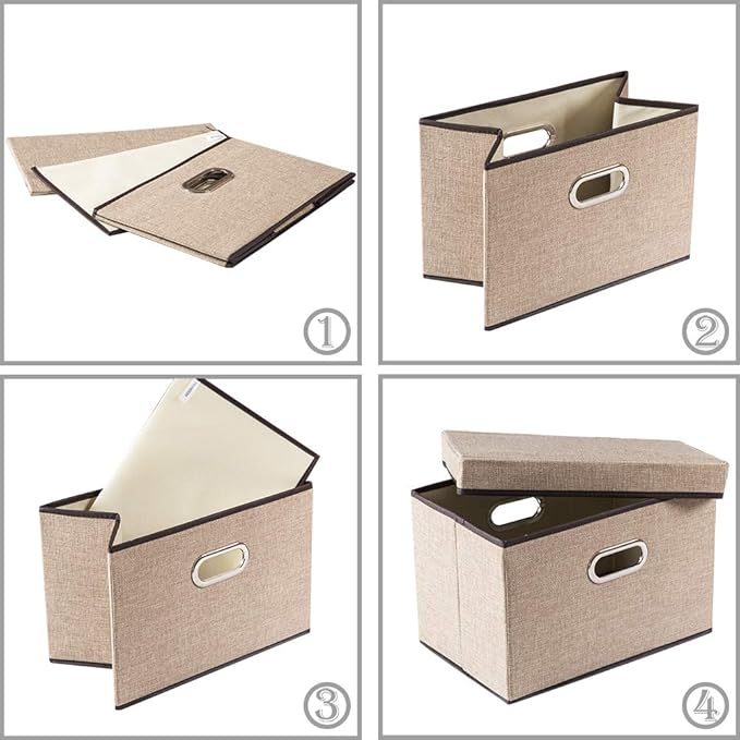 PRANDOM Collapsible Storage Containers with Lids [5-Pack] Jute Fabric Foldable Storage Bins Boxes Organizer Baskets Cube with Cover for Home Bedroom Closet Office Nursery (14.9x9.8x9.8)