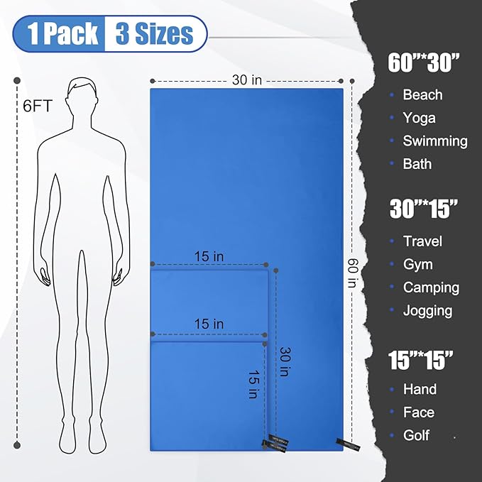 Quick Dry Travel Towel, 3 Sizes 1 Pack Camping Microfiber Towel, Lightweight Fast Drying Towels Set 60"x30", 30"x15", 15"x15" w/Bag for Gym, Beach, Hiking, Swimming, Dark Blue