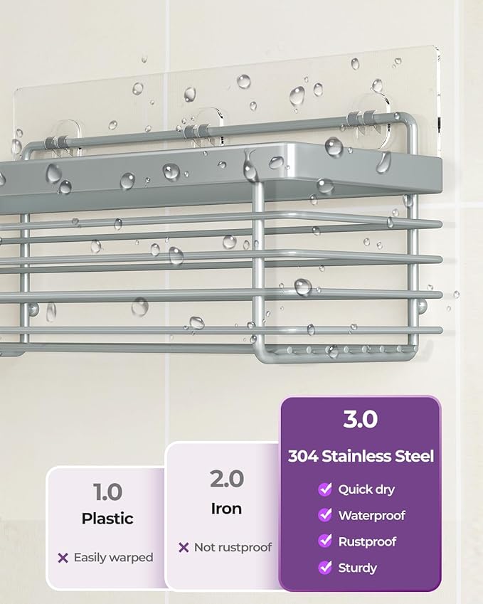 ODesign Shower Caddy 3 Pack SUS304 Stainless Steel-No Drilling-Shower Bathroom Shelves Rack,Rustproof Wall Mounted,Adhesive Shower Shelf Basket Organizer-Grey