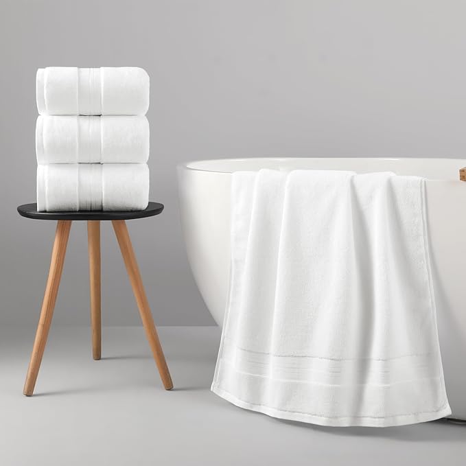 REDKISS 100% Cotton Bath Towels Set of 4, Extra Large Bath Sheets 27 X 59 Inches, 600 GSM, Quick Dry, Ultra Soft & Super Absorbent Bathroom Towel Sets for Bathroom, Gym, Spa, Pool & Hotel, White