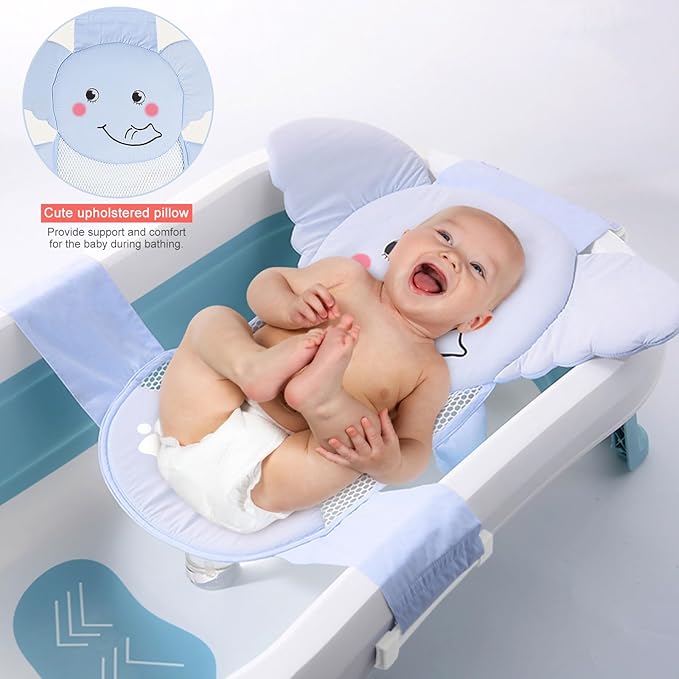 AIR&TREE Baby Bath Seat Support Net, Quick Drying, Adjustable, Comfortable, Non-Slip, Infant Bathtub Sling Shower Mesh for a Tub, with Safety Support Corners (Blue)