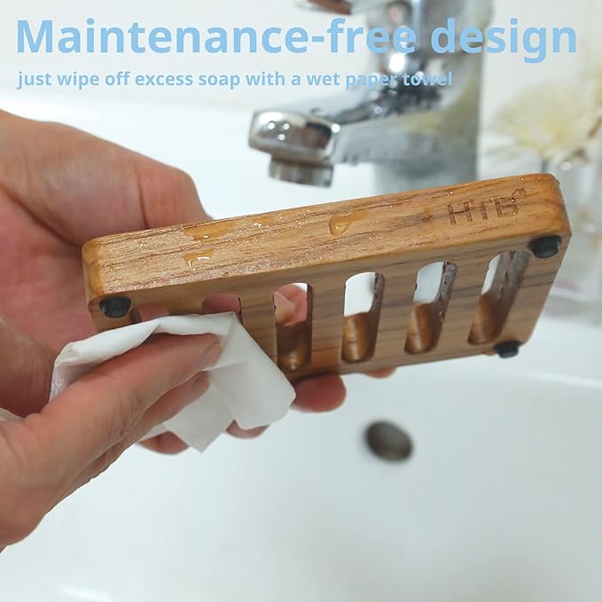 Slotted Soap Dish 2 Pack Teak Wood by HTB, Kitchen Wooden Sponge Holder, Self Draining Soap Dish for Shower, Sink, Bathroom, Bathtub, RV