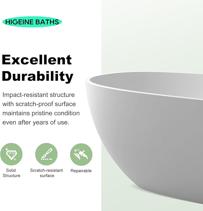 59" Premium Solid Surface Freestanding Bathtubs, Upgraded Matte White Modern Design Stand Alone Stone Resin Tub with Overflow and Pop-up Drain