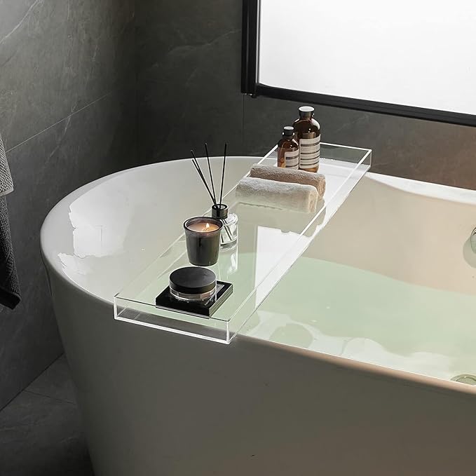 Clear Bathtub Tray AcrylicTub Rack - Bath Tub Shelf for Bathroom to Hold Book, Phone, Candle, Wine & Tablet - Waterproof Caddy Bathroom Accessories, Beelee BA0033