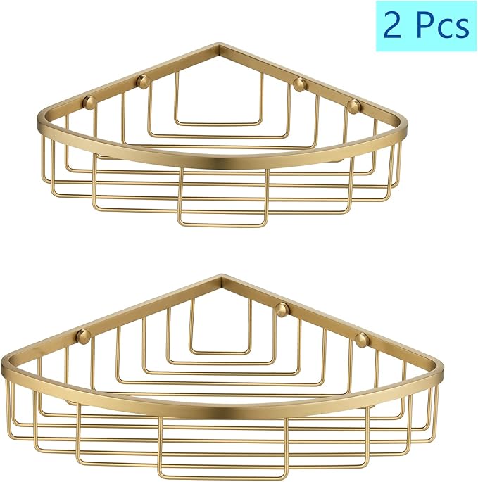 [2 Pack Bathroom Corner Shower Caddy Shelf Organizer, SUS304 Stainless Steel Heavy Duty Rust-Proof Shelf Holder, Wall Mounted Storage Rack for Bathroom Kitchen, Brushed Gold