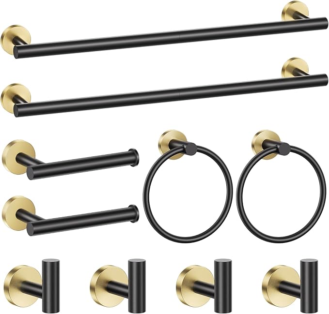 Black and Gold Towel Bar Set 10 Pieces Bathroom Hardware Accessories Set Include 23.6 in Towel Bar Towel Ring Towel Hook and Toilet Paper Holder Stainless Steel Wall Mounted