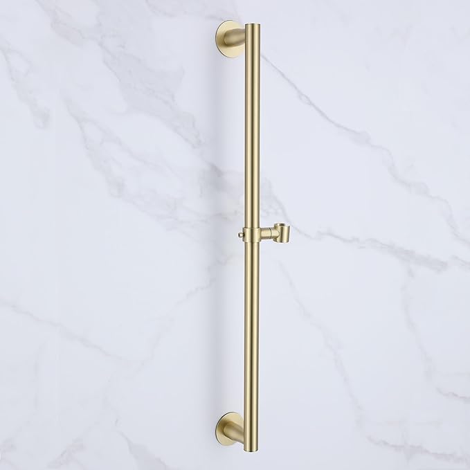 RRAJJ Shower Slide bar That is Installed by pasting or Punching Holes，Adjustable Height 28 inch of All SUS304 Stainless Steel Shower Head Holder(All Stainless Steel-Brushed Gold)