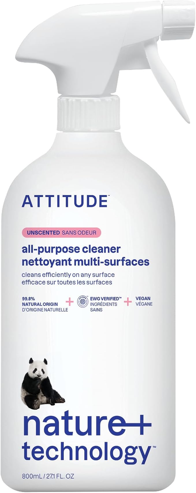 ATTITUDE All Purpose Cleaner Spray, EWG Verified, Vegan, Made with 94% Plant-Based Ingredients, Streak-Free for Kitchen, Bathroom, Glass & More, Unscented, 27.1 Fl Oz