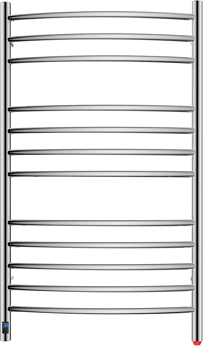 HEATGENE Electric Towel Warmer with Built-in Timer & Temperature Control, Wall-Mounted 12-Bar Large Towel Rack, Plug-in/Hardwired Heated Towel Rail for Bathroom - Mirror Polish