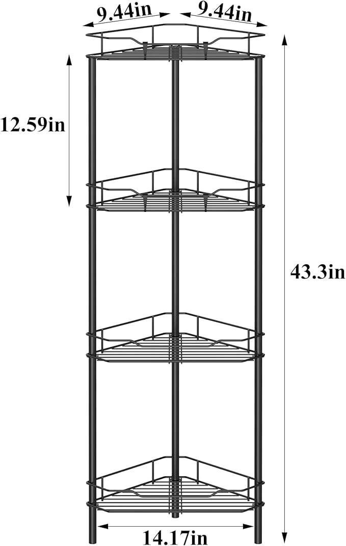 4 Tier Floor Standing Corner Shower Caddy Organizer Shelf with Hooks, Bathroom Shelves Stand Rack, Black