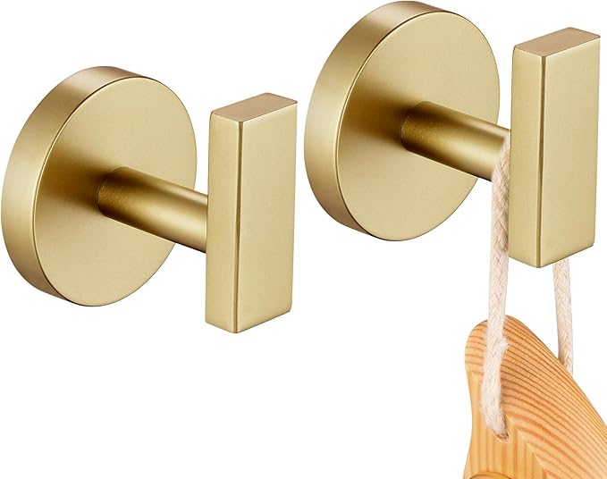 Robe Hook Bath Towel Hooks Stainless Steel Wall Hooks for Bathroom Kitchen Closet Garage Door Hanger Brushed Gold 2 Pack, AN1001GD-P2