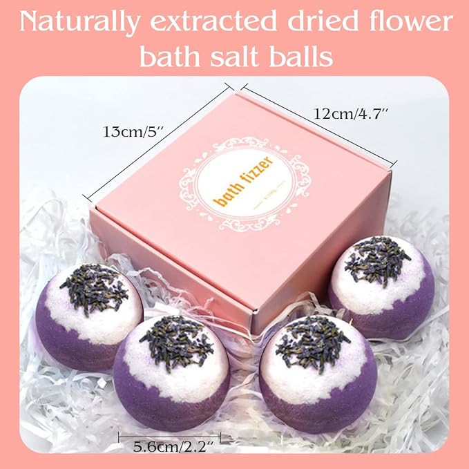 Dried Flower Bath Bombs Salt Balls,4-Pack Gift Set,Lavender Extract Essential Oils,Moisturizing Dry Skin,Fizzy Spa,Relaxation,Self Care,Relaxing,Bubble Bath Bomb Gifts Idea for Men Women
